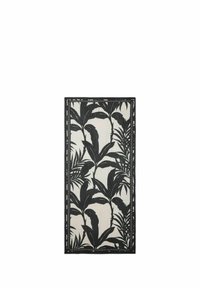 Textil alb-negru cu un model botanic de frunze, înconjurat de o margine decorativă cu accente geometrice. Finisaj texturat.