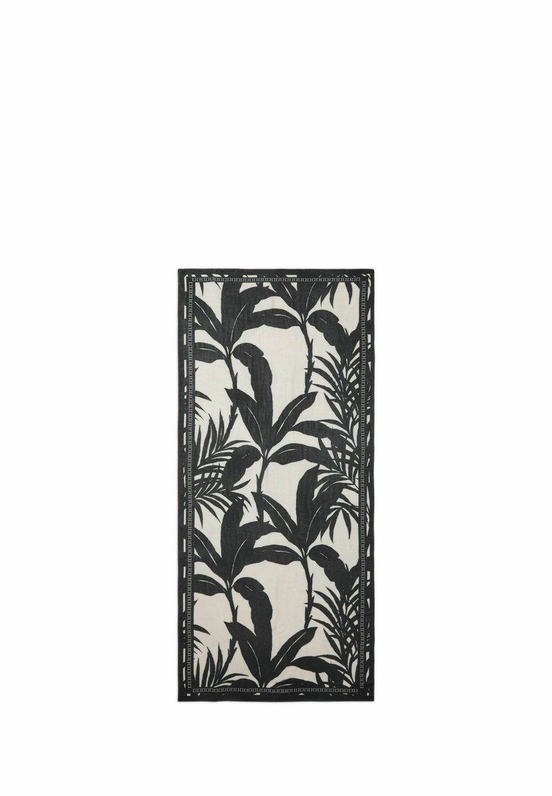 Tissu noir et blanc présentant un motif de feuilles botaniques, entouré d'une bordure décorative avec des accents géométriques. Fini texturé.