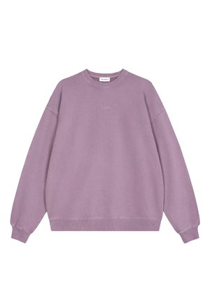 Nadměrná levandulová mikina s kulatým výstřihem s žebrovanými lemy na rukávech a spodním okraji, jemné logo na hrudi a štítek "ON APRIL" uvnitř límce.