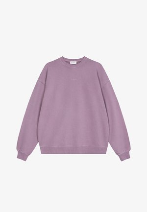 Übergroßes Lavendel-Crewneck-Sweatshirt mit gerippten Bündchen und Saum, dezentem Logo auf der Brust und einem "ON APRIL"-Etikett im Kragen.
