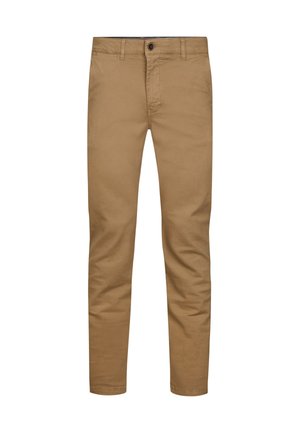 Slim-fit lichtbruine herenchino's met knoop- en ritssluiting, riemlussen en zijzakken, getoond op een effen witte achtergrond.