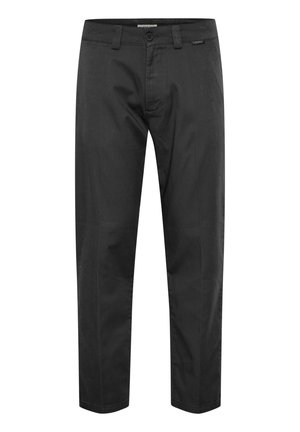 Pantalons noirs en tissu mélangé coton. Comprend des poches avant, une fermeture à un seul bouton et un design à jambe droite. Détails de branding minimalistes.