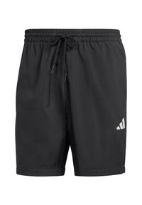 Mustat urheilushortsit, jotka on valmistettu KEVYESTÄ kankaasta, varustettu joustavalla vyötäröllä, jossa on kiristysnyöri, ja oikeassa alareunassa valkoinen Adidas-logo.