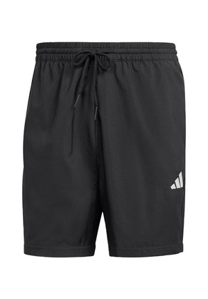 Sorte sport shorts lavet af letvægtsstof, med en elastisk livrem og snøre samt et hvidt Adidas logo nederst til højre.