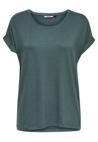 Teal green short-sleeve t-shirt with a rounded neckline, relaxed fit, and rolled cuffs. Made of soft, lightweight material with smooth texture.