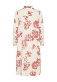 Rochie florală cu guler, mâneci lungi și croială lejeră. Are o bază albă cu modele mari de flori roșii.