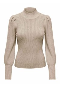 Beige Rippstrickpullover mit hohem Kragen, puffigen Schultern und enganliegenden Ärmeln. Der Stoff wirkt weich, mit subtiler Textur und Dehnbarkeit.