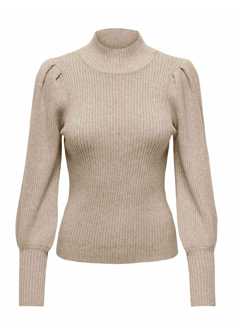Beige Rippstrickpullover mit hohem Kragen, puffigen Schultern und enganliegenden Ärmeln. Der Stoff wirkt weich, mit subtiler Textur und Dehnbarkeit.