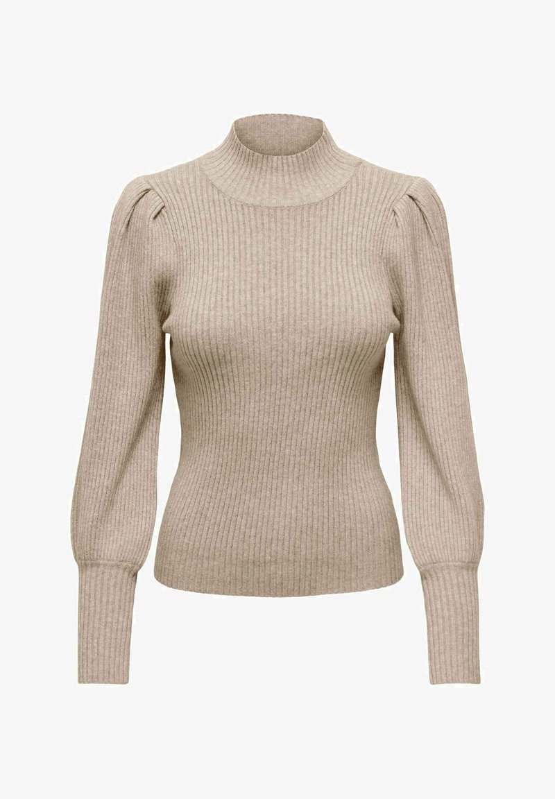 Beige Rippstrickpullover mit hohem Kragen, puffigen Schultern und enganliegenden Ärmeln. Der Stoff wirkt weich, mit subtiler Textur und Dehnbarkeit.