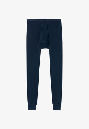 Donkerblauwe thermische onderbroek in volledige lengte met elastische tailleband en verstevigde naden in het kruis.