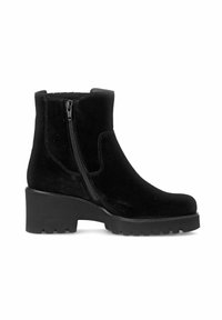 Schwarze Wildleder-Stiefelette mit einer dicken Gummisohle, seitlichem Reißverschluss und einer glatten, matten Oberfläche. Sie verfügt über eine abgerundete Zehenform und minimalen Nähten.