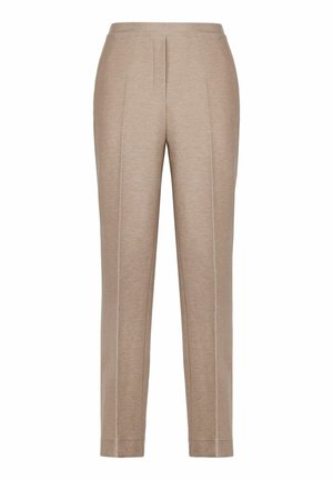 Beige skræddersyede bukser med en glat tekstur, vertikale plisser og kontrasterende hvide sidelister. Lige ben-design.