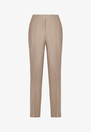 Beige skræddersyede bukser med en glat tekstur, vertikale plisser og kontrasterende hvide sidelister. Lige ben-design.