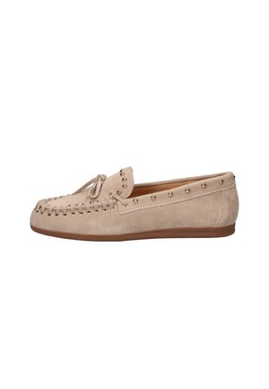 Beige suede loafer with side stud detailing, moc toe stitching, a bow on top, and a flat brown rubber sole.