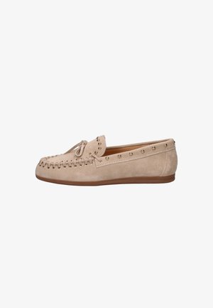 Beige suede loafer with side stud detailing, moc toe stitching, a bow on top, and a flat brown rubber sole.