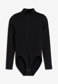 Body nero a maniche lunghe con collo alto, realizzato in tessuto morbido. Presenta un design aderente e bottoni a pressione nella parte inferiore per la chiusura.