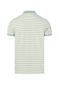 Gestreiftes Polo-Shirt in hellbeige mit grünen Streifen. Kurze Ärmel und ein passender grüner Kragen. Weicher Stoff, lässiges Design.