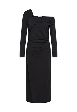 Μαύρο μίντι φόρεμα με έναν ώμο, μακριά μανίκια, ασύμμετρο ντεκολτέ και πιέτες στη μέση και το στήθος.