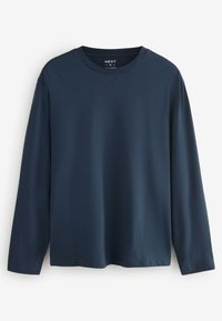 T-shirt blu navy a maniche lunghe con scollo rotondo, taglia media, design semplice con una sottile texture del tessuto, mostrato su sfondo bianco.