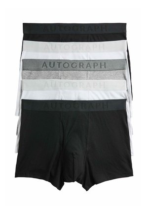 Cinq boxers pour hommes en noir, blanc et gris, empilés verticalement avec des ceintures de taille marquées "Autograph".