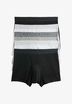 Vijf herenboxershorts in zwart, wit en grijs, verticaal gestapeld met "Autograph"-geëtiketteerde taillebanden.