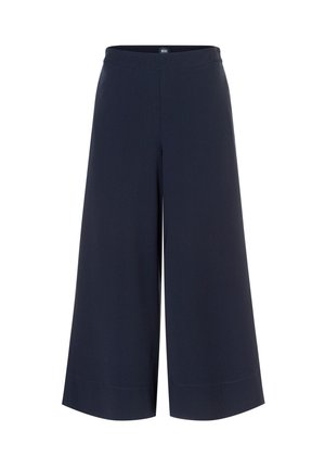 Pantalon large cropped bleu marine avec taille mi-haute, devant lisse, sans poches apparentes ni fermetures visibles.