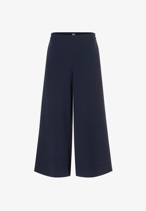 Pantalon large cropped bleu marine avec taille mi-haute, devant lisse, sans poches apparentes ni fermetures visibles.