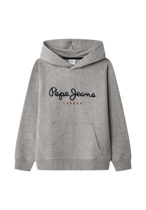 Grey hooded sweatshirt with front pocket and "Pepe Jeans London" logo in black and red lettering on the chest.