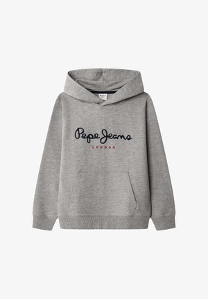 Szara bluza z kapturem z przednią kieszenią oraz logo "Pepe Jeans London" w czarno-czerwonych literach na piersi.