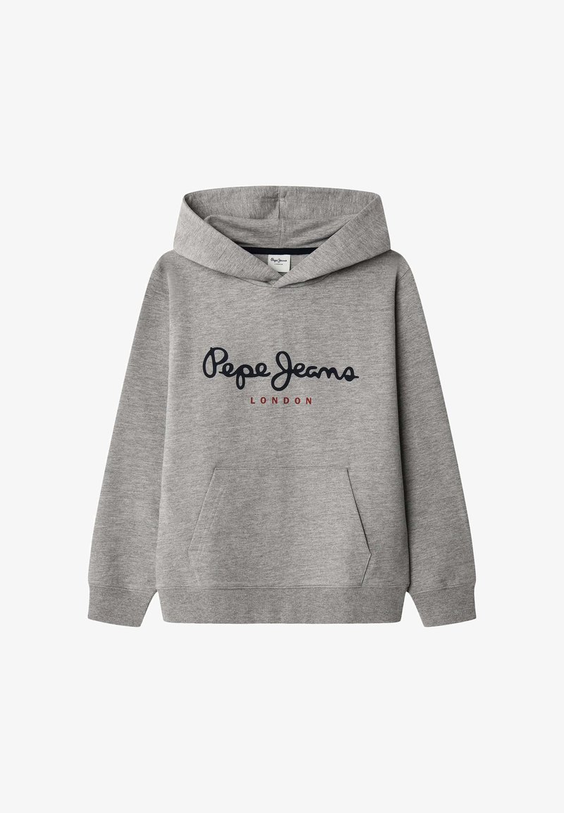 Sweatshirt gris à capuche avec poche avant et logo "Pepe Jeans London" en lettres noires et rouges sur la poitrine.
