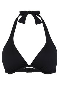 Black bikini top with a triangular design, thin straps, and a tie at the neck. Features a clasp closure at the back. Smooth fabric texture.