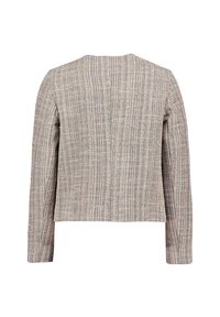 Textured, woven jacket in beige with striped pattern. Features long sleeves and a straight cut, showcasing muted color variations throughout.