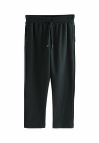 Pantalones de lounge a rayas verde oscuro con cintura elástica, cordón y bolsillos laterales. Textura suave con un corte holgado.