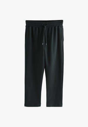 Dunkelgrüne gestreifte Lounge-Hosen mit einem elastischen Bund, Kordelzug und seitlichen Taschen. Weicher Stoff mit lockerem Schnitt.