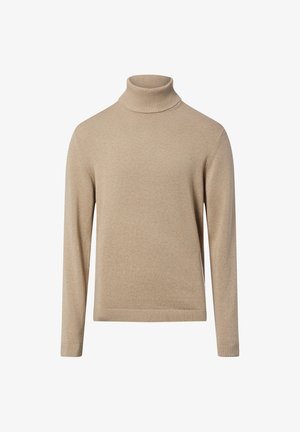 Beiger Rollkragenpullover aus weichem Strickmaterial mit langen Ärmeln sowie gerippten Bündchen und Saum. Schlichtes, geradliniges Design ohne Muster.