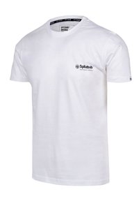 T-Shirt bianco in cotone con scollo rotondo, maniche corte e logo nero sul lato sinistro del petto. Tessuto morbido e vestibilità casual.