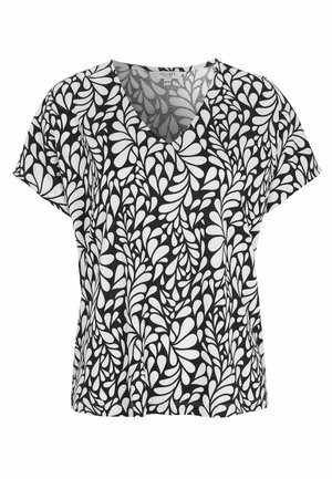 Musta-valkoinen, lyhythihainen V-kaula-aukollinen paita, jossa on abstrakti lehtikuvio ja rento istuvuus.