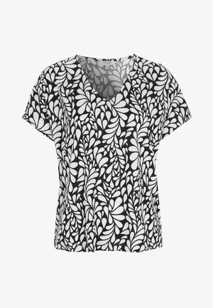 Zwart-wit T-shirt met korte mouwen en een V-hals, voorzien van een abstract bladmotief en een losse pasvorm.