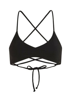 Μαύρο πάνω μέρος μπικίνι με τριγωνικό σχεδιασμό κυπέλλου, σταυρωτούς ιμάντες, ανοιχτή πλάτη και κλείσιμο με δέσιμο στη βάση, με ομαλή υφή.