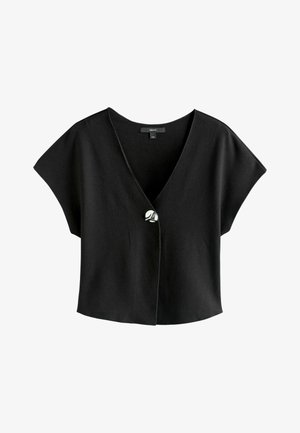 Schwarzes, kurzes Top mit V-Ausschnitt und weiten Ärmeln. Verfügt über einen einzelnen silbernen Knopfverschluss und eine glatte, weiche Textur.