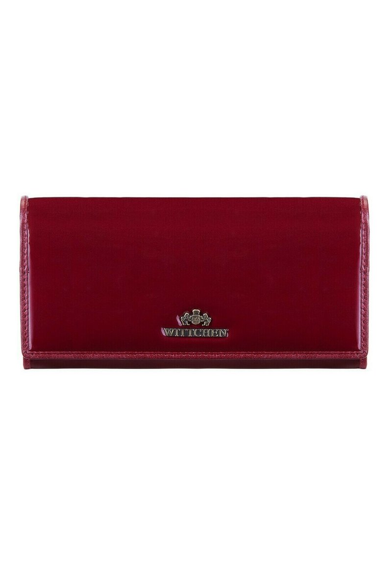 Red leather wallet with a glossy finish, featuring a silver logo accent and a rectangular shape, designed for compact organization.