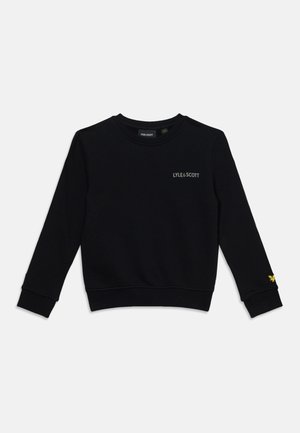 Sweat-shirt noir à manches longues avec col rond, petit texte "LYLE & SCOTT" sur la poitrine et logo jaune brodé sur le bord de la manche droite.