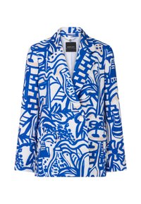 Doppelreihige Blazer aus weißem Stoff mit blauem abstraktem Muster, mit Reverskragen und zwei vorderen Taschen. Glatte Textur.