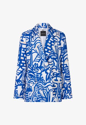 Double-breasted blazer in white fabric featuring a blue abstract pattern, notched lapels, and two front pockets. Smooth texture.