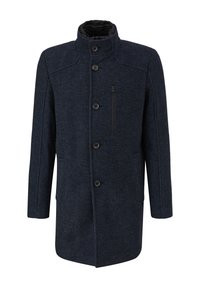 Marineblauwe wolmix jas met een hoge kraag, een vijfknops voorkant en zijzakken; heeft een rits borstzak en een gestructureerde stof.