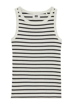 Balta be rankovių, briaunota palaidinė su horizontaliomis juodomis juostelėmis ir apvalia iškirpte, dydis 122/128.