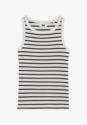Débardeur blanc sans manches à côtes avec des rayures noires horizontales et un col rond, taille 122/128.