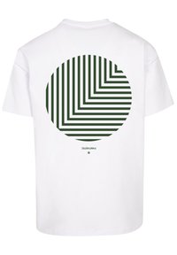 White T-shirt with a circular green graphic featuring diagonal striped patterns. The design includes the text "FANTASTIC" below the circle.