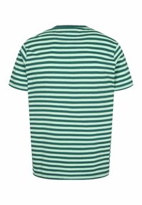 Zielona i mięta w paski koszulka z krótkim rękawem, okrągłym dekoltem i luźnym krojem. Gładki materiał bawełniany. Widok z tyłu.