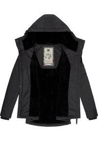 Veste à capuche grise avec une doublure en molleton noir doux. Dispose de boutons-pression et d'une étiquette à l'intérieur. L'extérieur a une finition texturée.